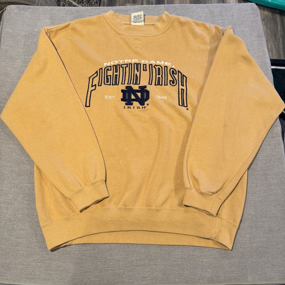 Notre Dame Fightin Irish Sweatshirt Mens Large Navy Blue Gold Tan Vintage
